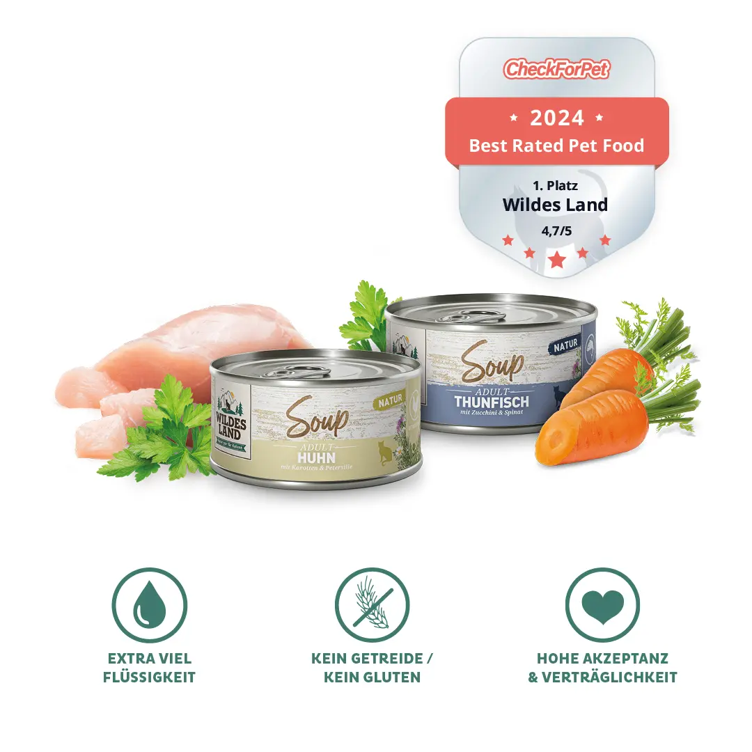 Zwei Dosen Katzensuppe von Wildes Land mit den Sorten Huhn und Thunfisch, umgeben von frischen Zutaten wie Karotten und Fleisch, ideal für gesunde Ernährung. Katzensuppe ohne Getreide, mit extra viel Flüssigkeit und hoher Akzeptanz.